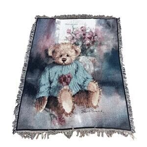 Vintage Woven Teddy Bear Throw Blanket Fringed Pastel Cottagecore Steven Howard